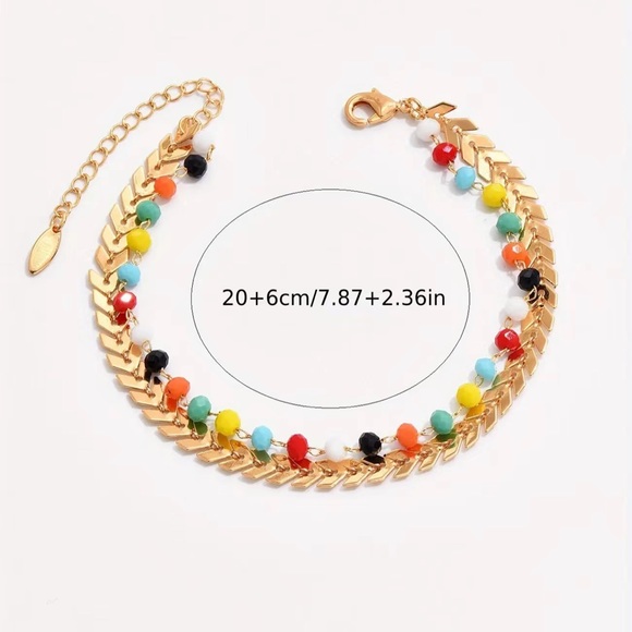 Double Layers Chain Anklet With Colorful Beads| Gold Plated Ankle Bracelet Set - Picture 2 of 5